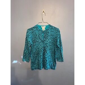 White Stag Vibrant Teal Leopard Print Cardigan 3/4 Sleeve SZ M(8/10) Women's Y2K